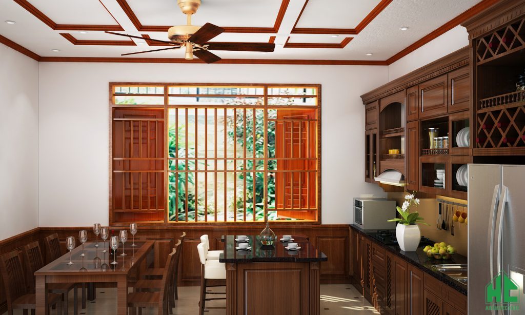 Không gian phòng bếp ăn đặt cạnh cửa sổ lớn tràn ngập ánh sáng