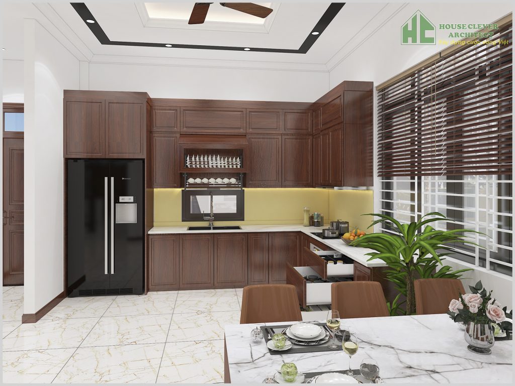 thiết kế nội thất phòng bếp ăn với không gian rộng rãi, tiện lợi
