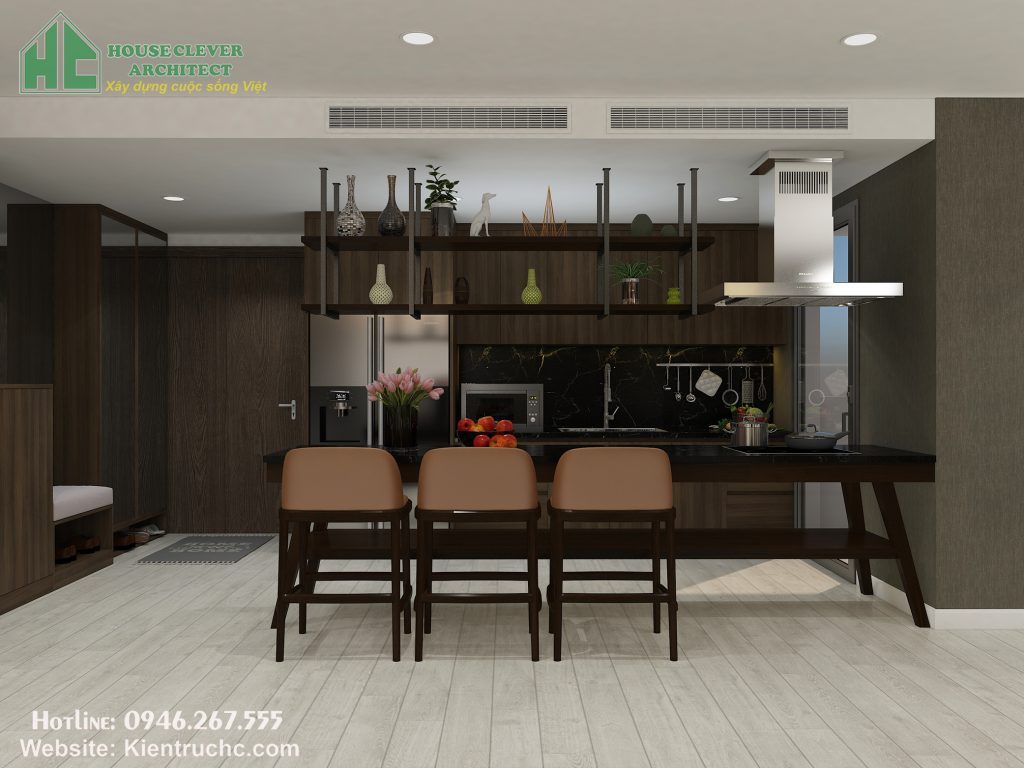 Thiết kế nội thất phòng bếp với màu sắc và chất liệu hiện đại 