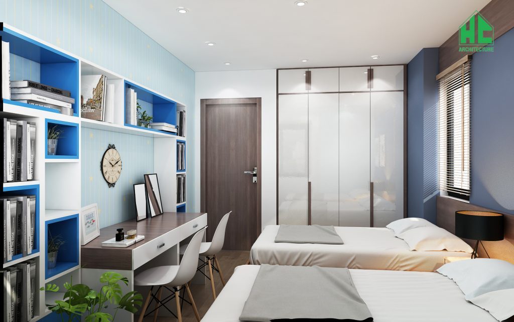 Mẫu thiết kế nội thất phòng ngủ con với gam màu xanh - trắng kết hợp