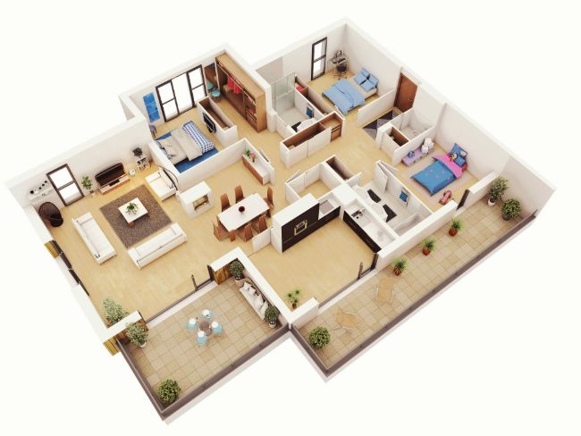thiết kế căn hộ 90m2 3 phòng ngủ