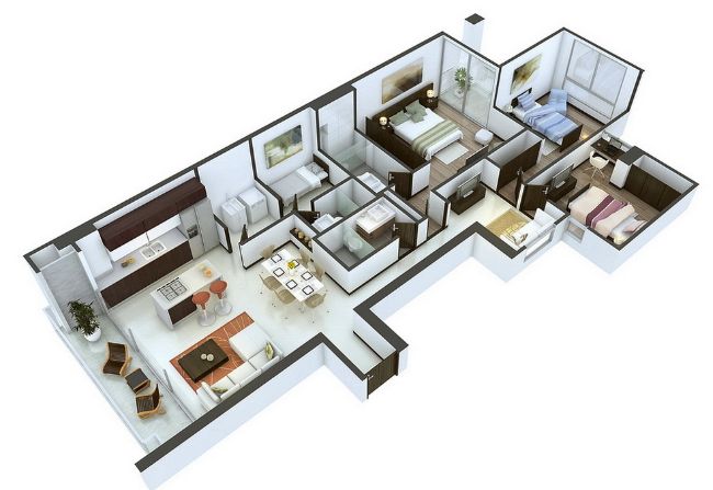thiết kế căn hộ 90m2 3 phòng ngủ