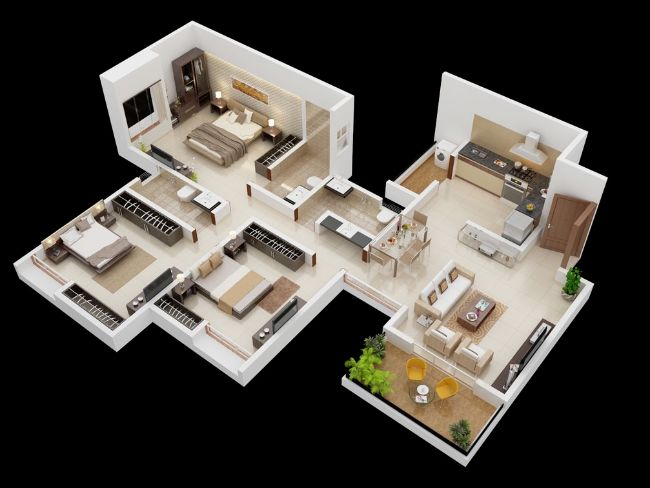 thiết kế căn hộ 90m2 3 phòng ngủ