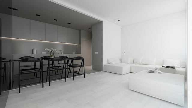 không gian phòng khách màu trắng ấn tượng
