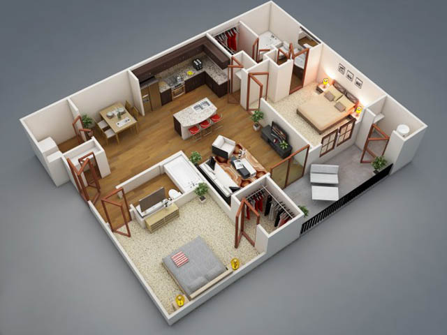 thiết kế nội thất căn hộ 65m2 2 phòng ngủ