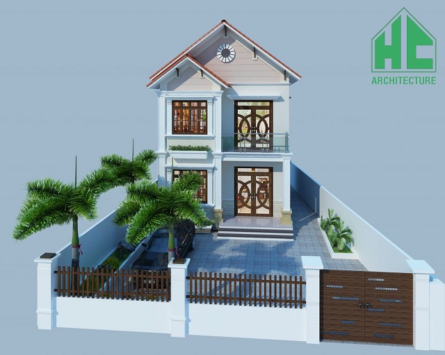 Mẫu thiết kế nhà 2 tầng có sân vườn rộng rãi.