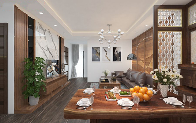 Phòng khách có thiết kế sang trọng, hiện đại với nội thất toàn bộ bằng gỗ óc chó tự nhiên