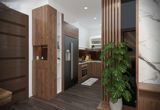 Không gian bếp hiện đại và đầy đủ tiện nghi với thiết kế tủ bếp thông minh