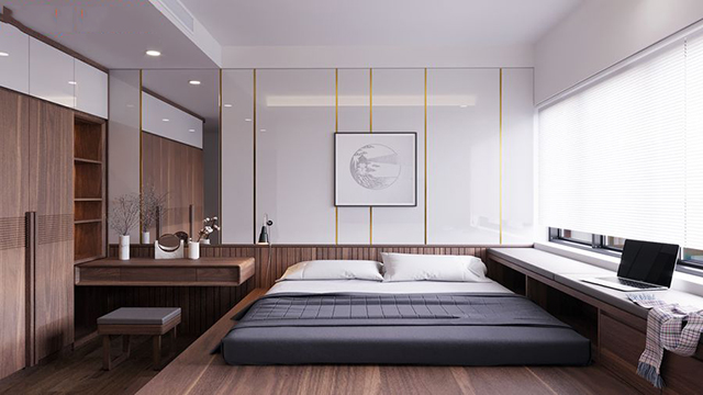 Phòng ngủ bố mẹ thiết kế khá đơn giản, sang trọng, tràn ngập ánh sáng