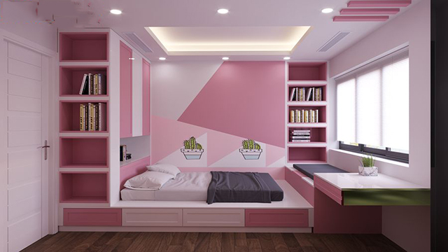 Phòng ngủ con gái tinh tế và dịu dàng với màu trắng – hồng