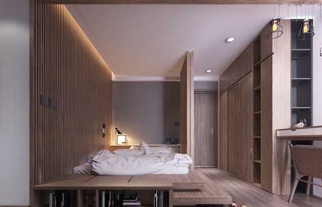 Phòng ngủ vợ chồng với gam màu gỗ nâu quyền quý, đẳng cấp