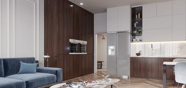 Gian bếp nối liền với phòng khách, kết hợp cùng đồ nội thất cao cấp tạo không gian rất tinh tế, đẹp đẽ