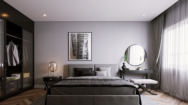 Phòng ngủ với nội thất đồ gỗ chủ đạo cùng tone màu trầm tạo cảm giác ấm cúng, hiện đại