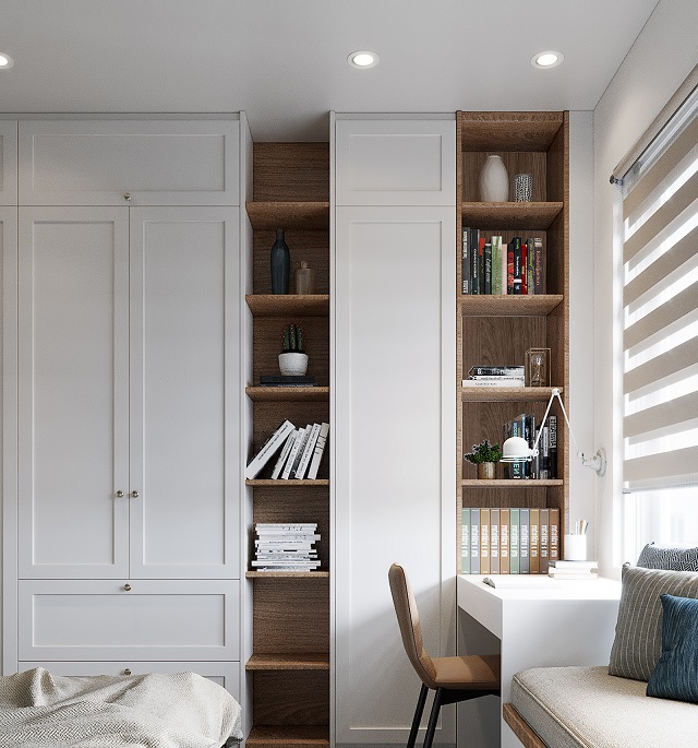 Bàn làm việc được để tại phòng ngủ vừa gọn lại không mang cảm giác chật chội