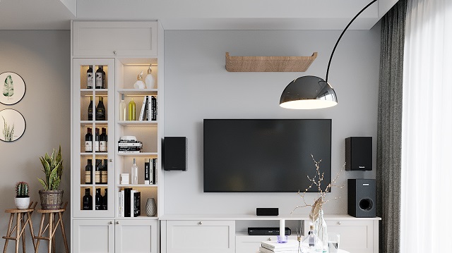 Không gian phòng khách với tone màu xám nhạt vừa ấm cúng, vừa sang trọng