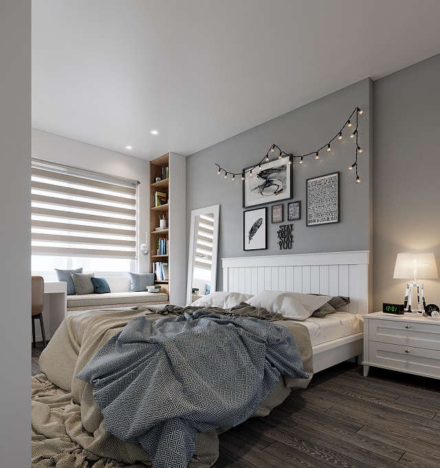 Phòng ngủ với nội thất đơn giản nhưng vẫn cho thấy được sự hiện đại, cá tính của chủ nhân