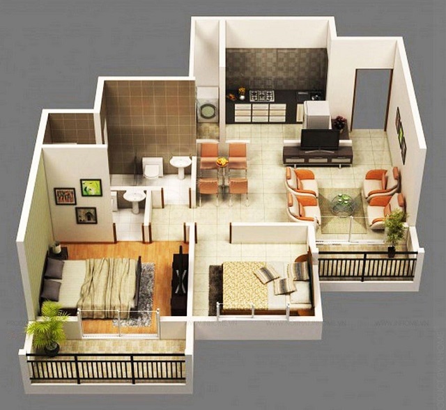 thiết kế căn hộ chung cư 50m2 có 2 phòng ngủ