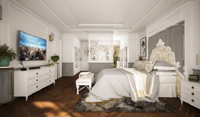 Phòng ngủ rộng rãi, lấy tông màu trắng xám làm chủ đạo