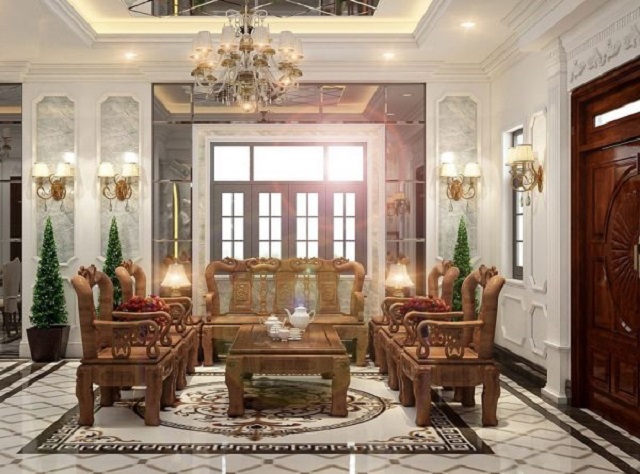 Không gian phòng khách sang trọng, đẳng cấp với nội thất từ gỗ tự nhiên