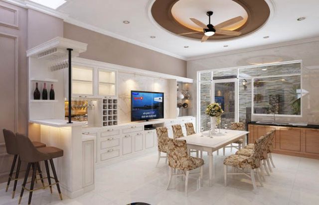 Mẫu thiết kế nội thất nhà phố 5m x 20m mang phong cách tân cổ điển nhà chị Thu - Phòng bếp