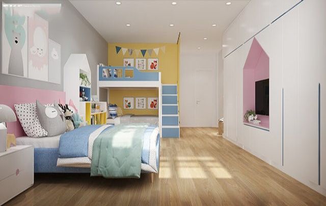 Phòng trẻ em được thiết kế nội thất với gam màu tươi sáng, rực rỡ