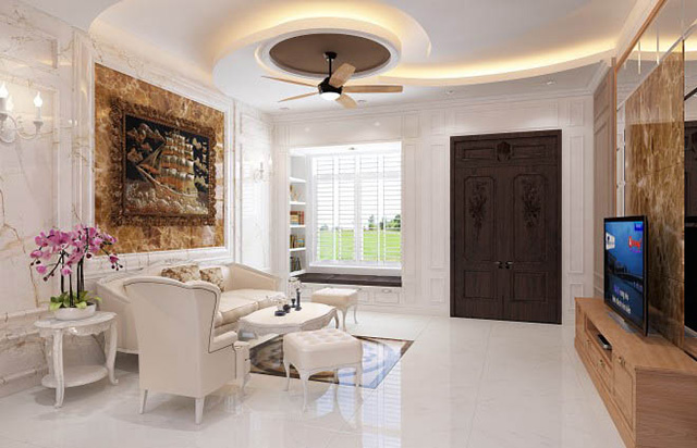 Mẫu thiết kế nội thất nhà phố 5m x 20m mang phong cách tân cổ điển nhà chị Thu - phòng khách