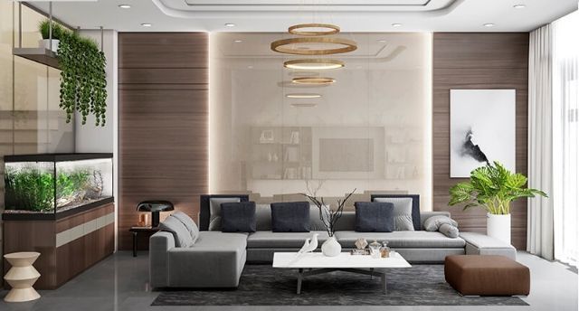 Mẫu Thiết kế nội thất nhà ống 5m x 20m mang phong cách hiện đại nhà anh Vinh - Phòng khách