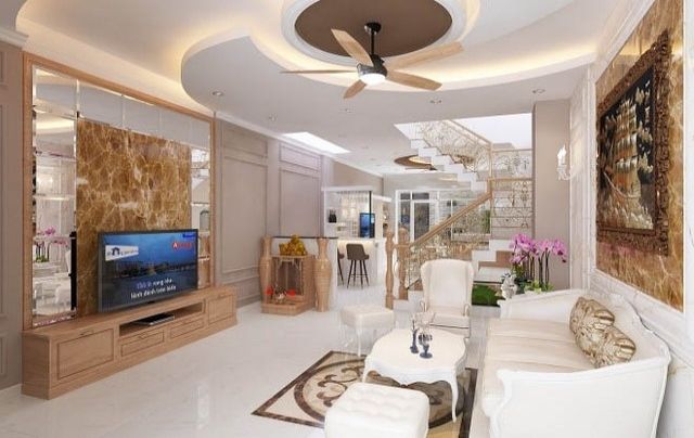 Phòng khách được thiết kế theo phong cách cổ điển 