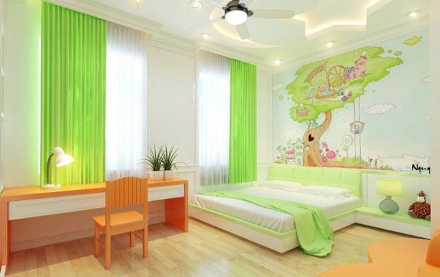 Phòng ngủ trẻ em với gam màu xanh tươi sáng