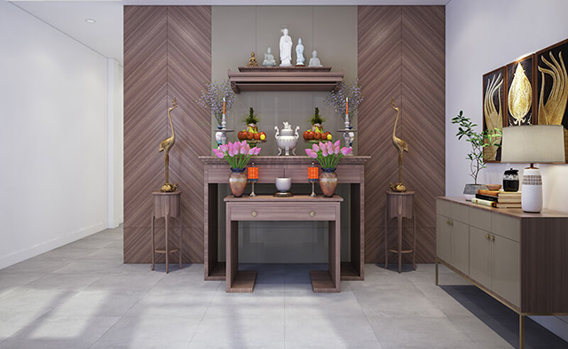 Phòng thờ sử dụng chất liệu gỗ và gam màu trầm làm nổi bật lên sự tôn nghiêm của nơi thờ cúng