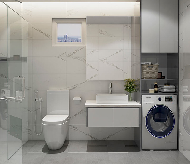 Bên cạnh bồn rửa tay có đặt thêm tủ nhỏ tăng tiện ích lưu trữ đồ đạc