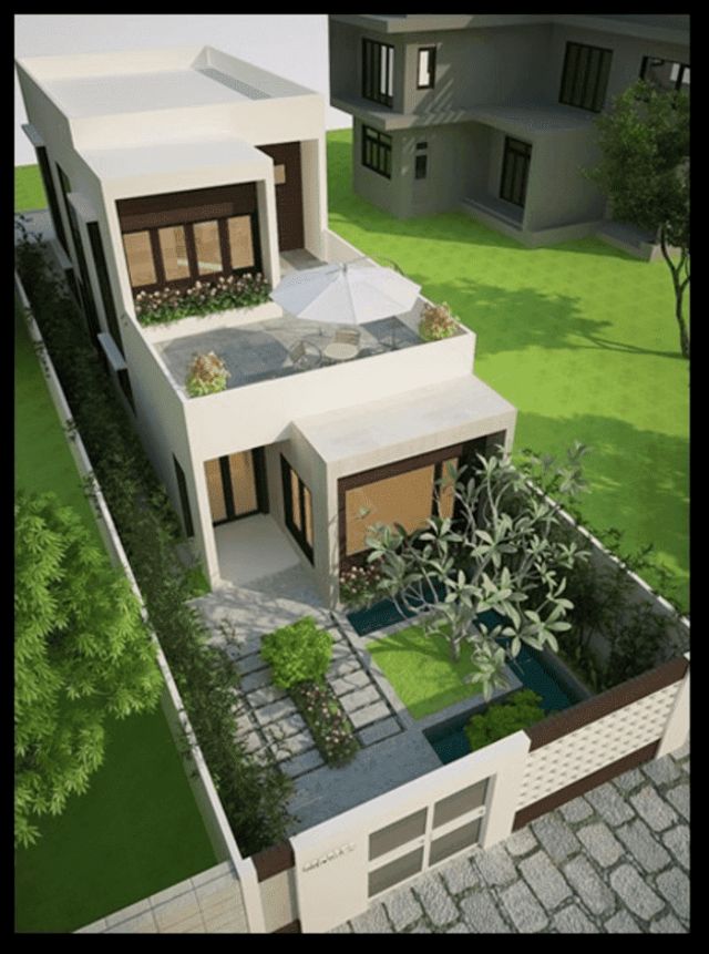 Mẫu thiết kế nhà ống 2 tầng đẹp mặt tiền 5x15m kèm sân vườn 5m
