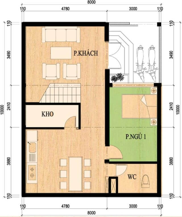 Mẫu nhà 2 tầng mặt tiền 8m 4 phòng ngủ 1