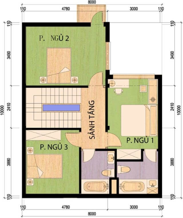 Mẫu nhà 2 tầng mặt tiền 8m 4 phòng ngủ 2