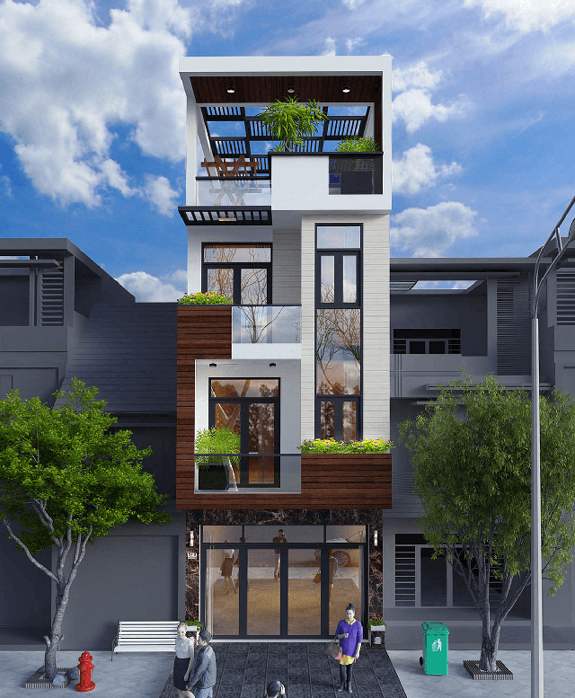 thiết kế nhà phố 4 tầng mặt tiền 5m 10