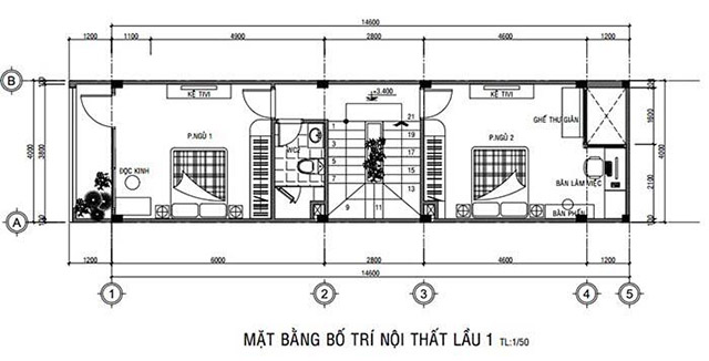 Bản vẽ công năng tầng một nhà phố 3 tầng 4x16m 