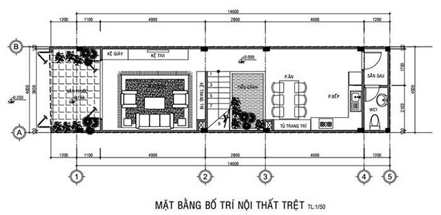 Bản vẽ công năng tầng trệt nhà phố 3 tầng 4x16m 