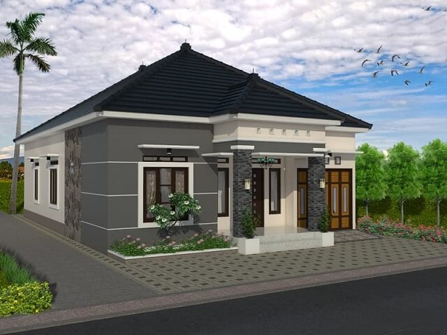 Nhà cấp 4 sở hữu mái thái màu nâu đen hình chữ A huyền bí, phần cửa ra vào có trụ cột ốp gạch độc đáo. Khuôn viên bao quang được bố trí nhiều cây xanh mang thiên nhiên vào trong.