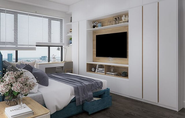 Phòng ngủ có màu sắc nhẹ nhàng, tận dụng tối đa ánh sáng tự nhiên. 