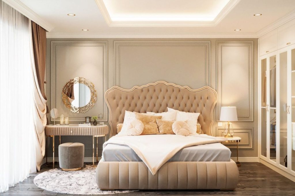 Bàn trang điểm trong phòng cưới nên đặt sát với chân tường