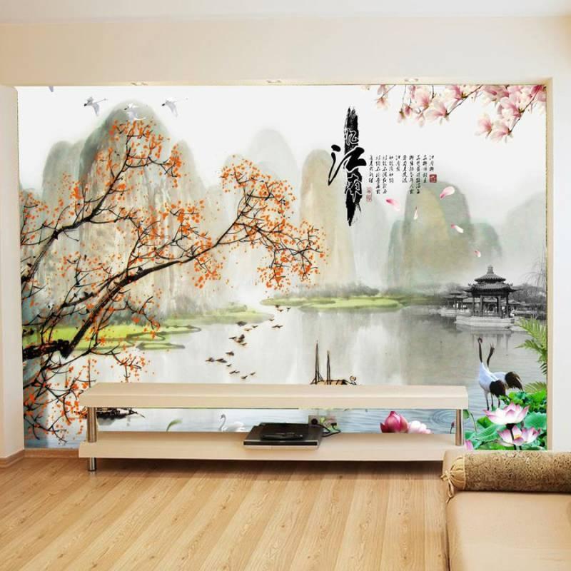 Mẫu tranh dán tường phong cảnh thiên nhiên hữu tình giúp không gian phòng khách thêm phần nổi bật và sang trọng.