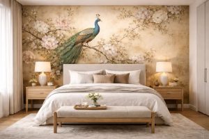 Không gian nghỉ ngơi trở nên ấm cúng và đầy tính nghệ thuật với mẫu tranh dán tường chim công mang phong cách vintage.